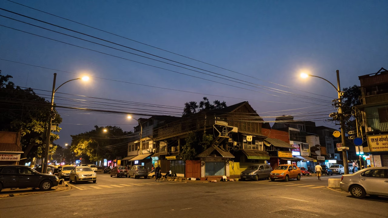 Kolkata Street Scene at Dusk with Electric Lines and Traffic in in Kolkata, India