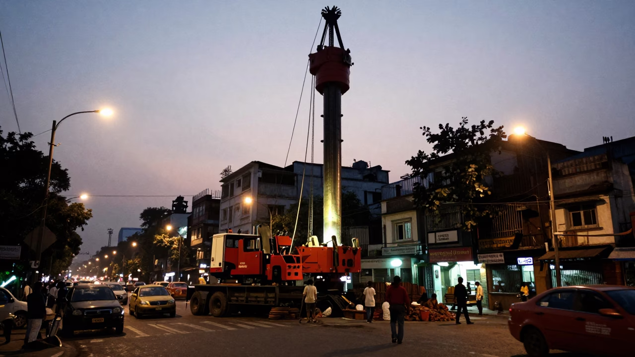 Kolkata Street Scene at Dusk with Pile Driver Construction and Vibrant Local Life in in Kolkata, India