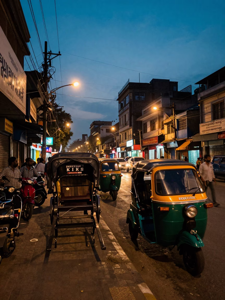 Kolkata street scene at dusk with rickshaw and local vendors under city lights in in Kolkata, India
