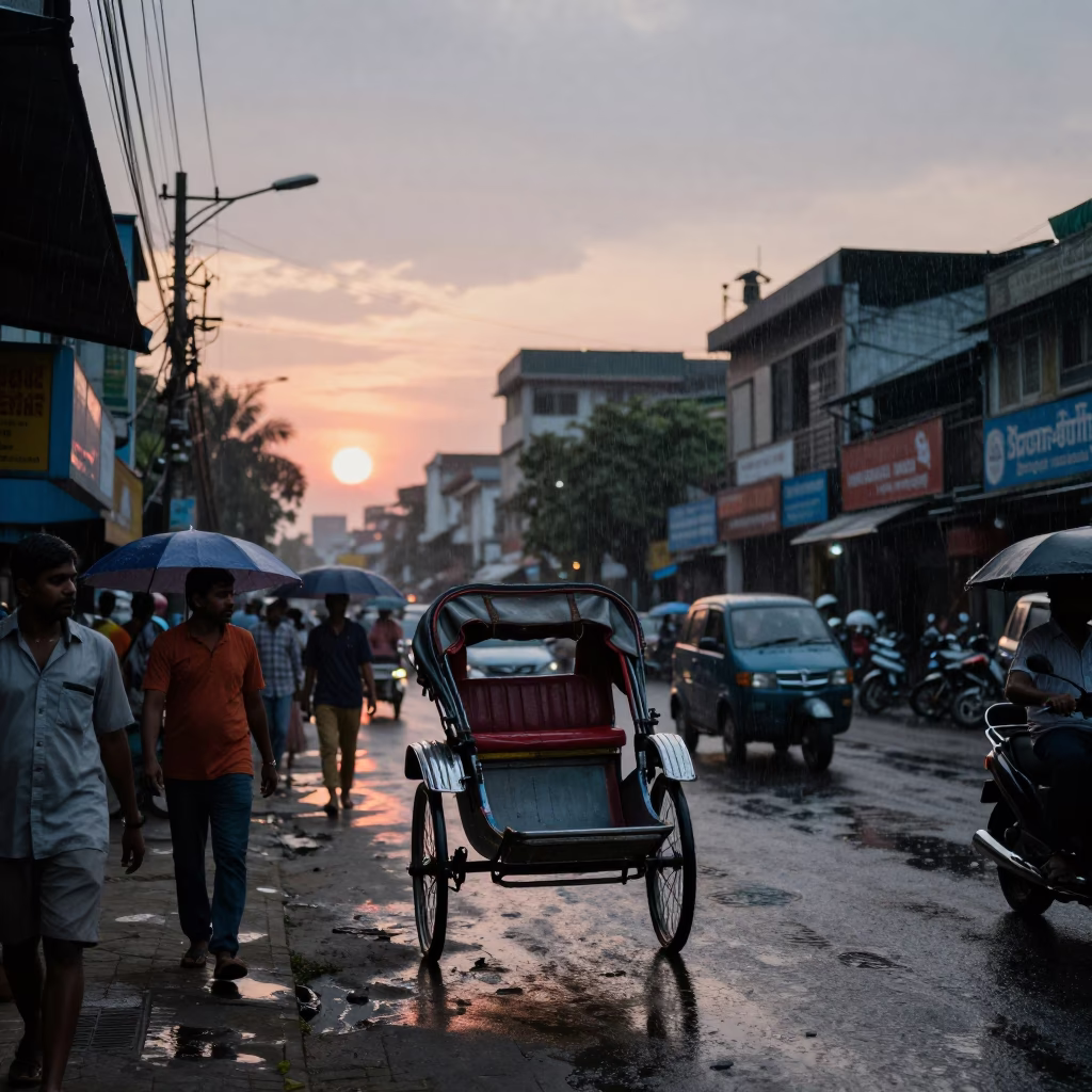 Kolkata Street Scene at Dusk with Rickshaw and Monsoon Rain Reflections in in Kolkata, India