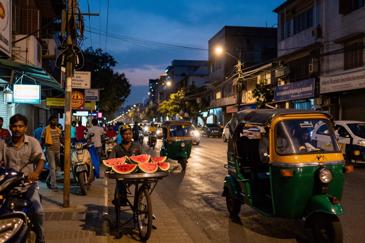 Kolkata Street Scene at Dusk with Watermelon Vendor and City Lights in in Kolkata, India