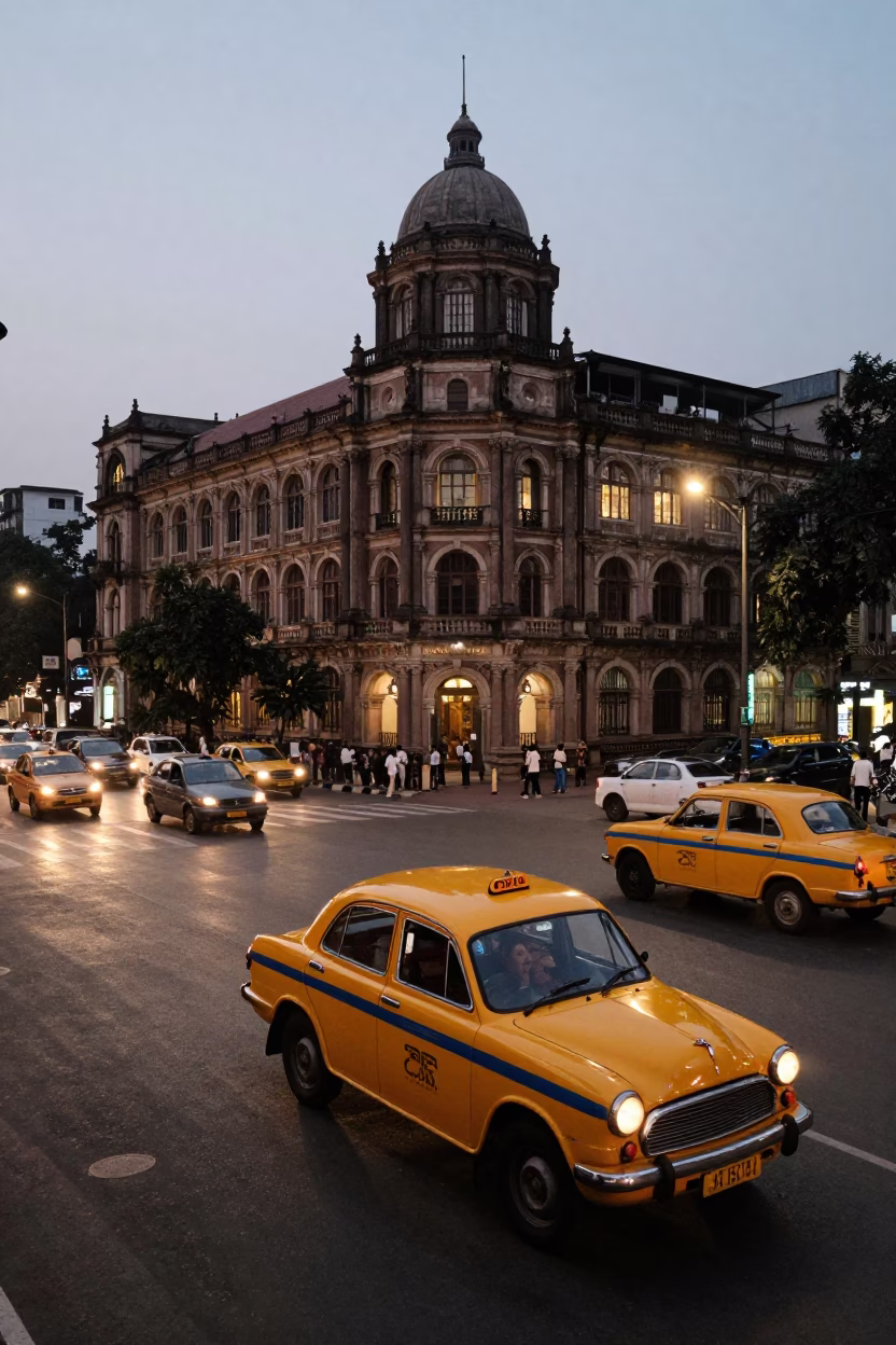 Kolkata street scene at dusk with yellow taxi and colonial architecture in in Kolkata, India