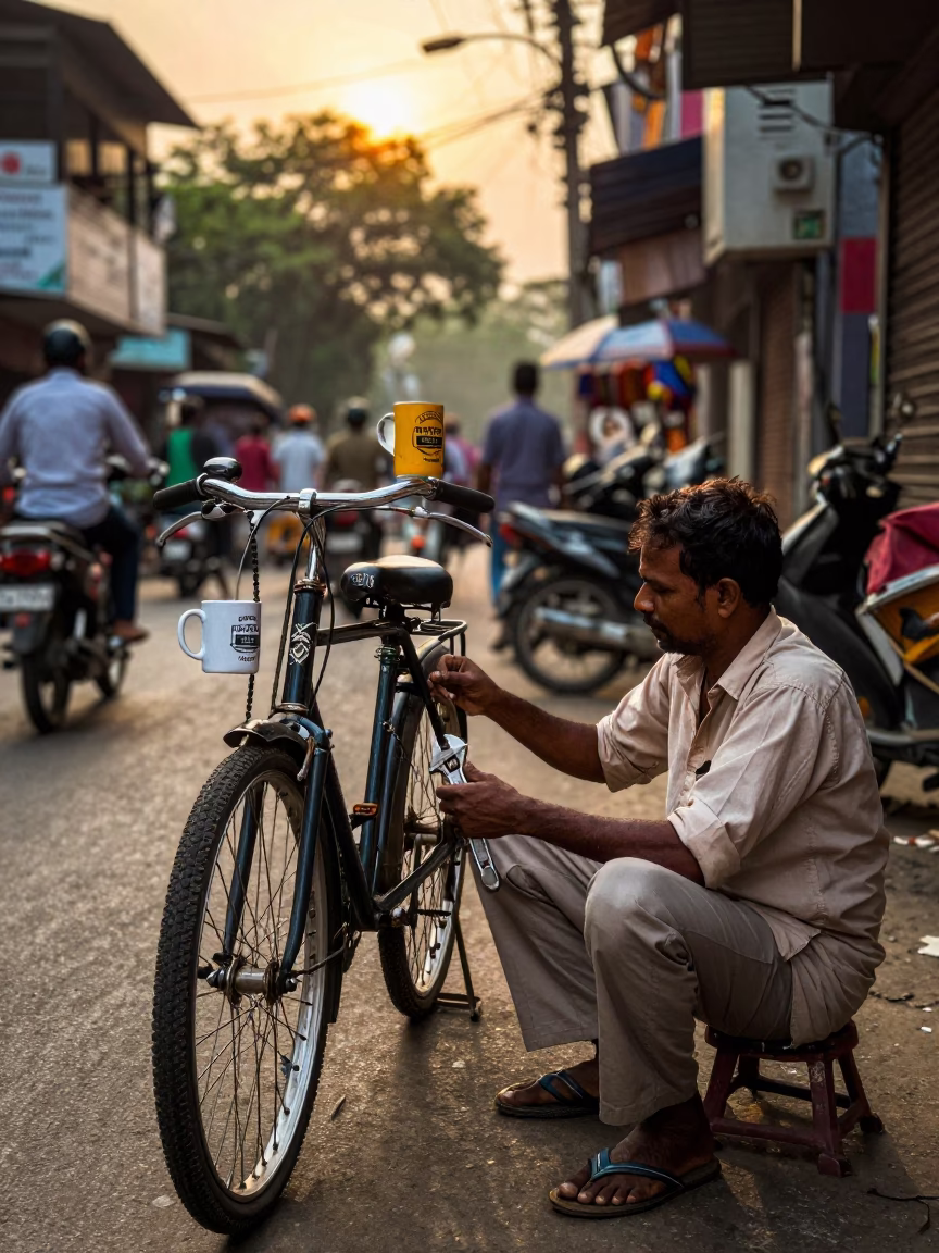 Kolkata Street Scene at Golden Hour with Coffee Mugs and Adjustable Spanner in in Kolkata, India