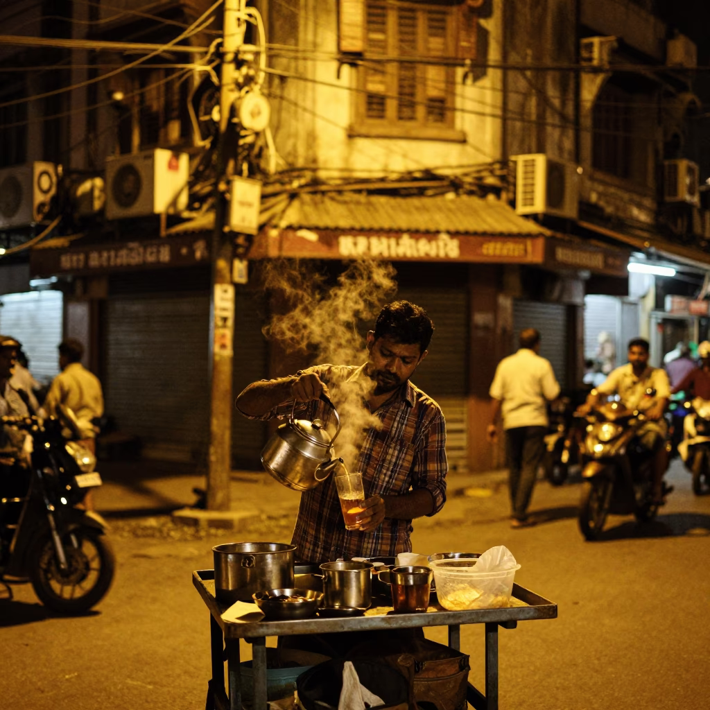 Kolkata Street Scene at Late At Night Light in in Kolkata, India