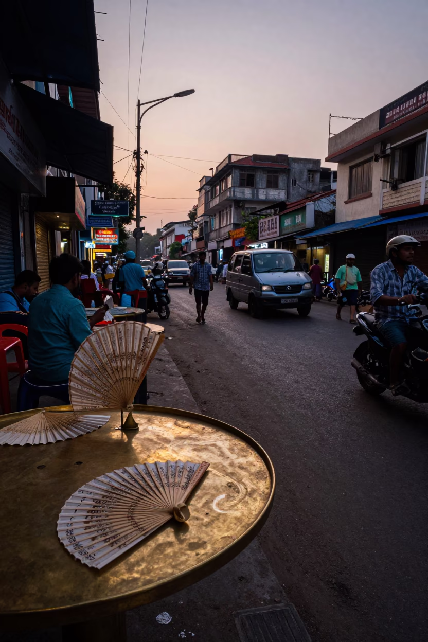 Kolkata Street Scene at Nautical Dawn with Brass Tabletop and Paper Fan in in Kolkata, India