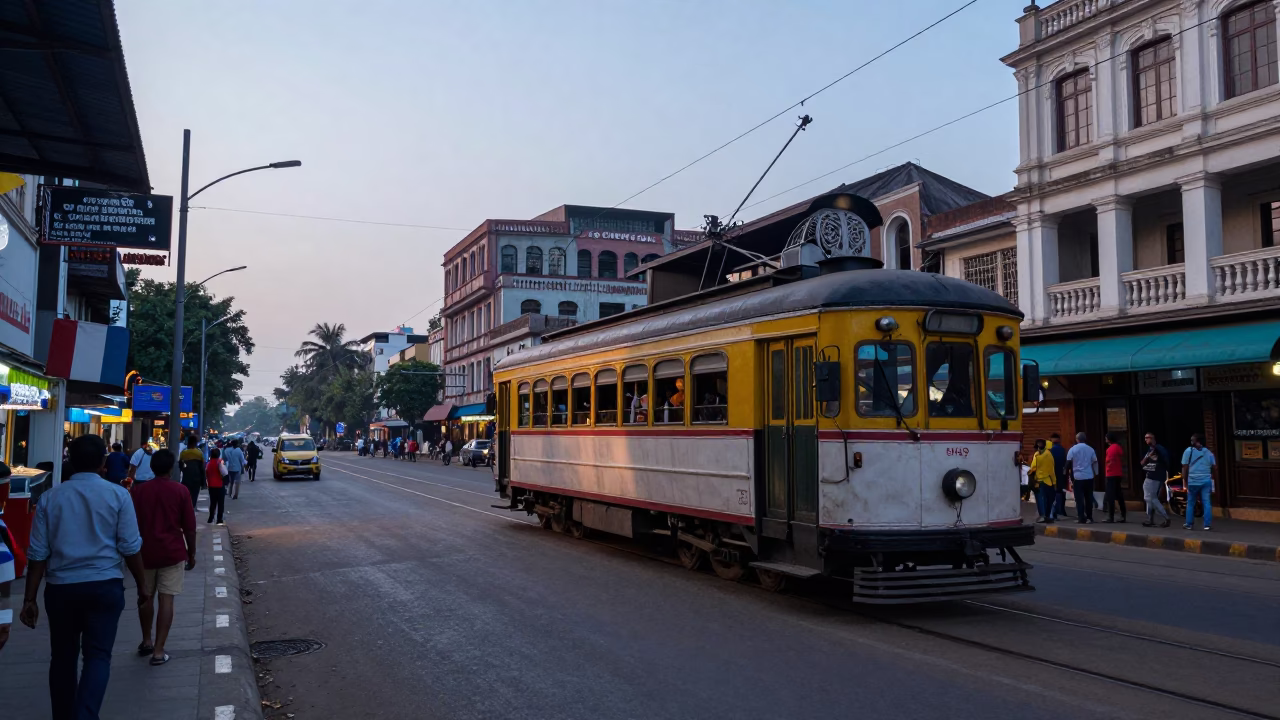 Kolkata Street Scene at Nautical Dawn with Heritage Tram and Urban Life in in Kolkata, India