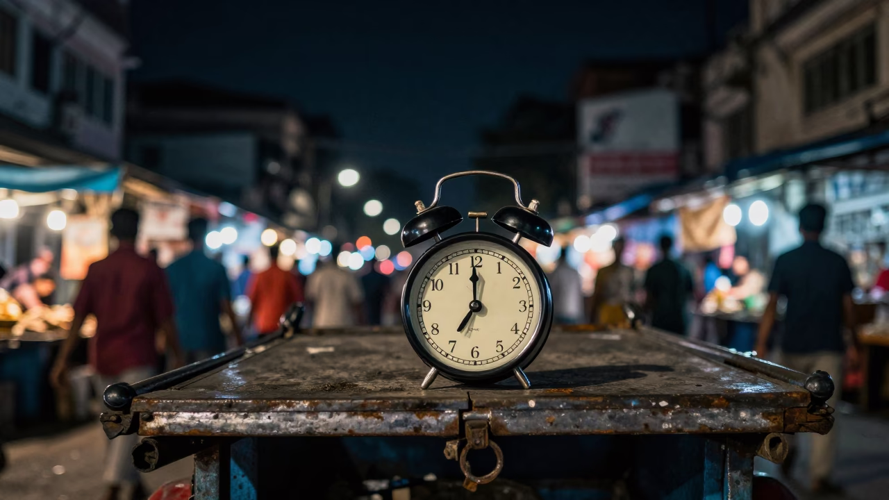 Kolkata Street Scene at Night with Vintage Alarm Clock and Local Vendors in in Kolkata, India