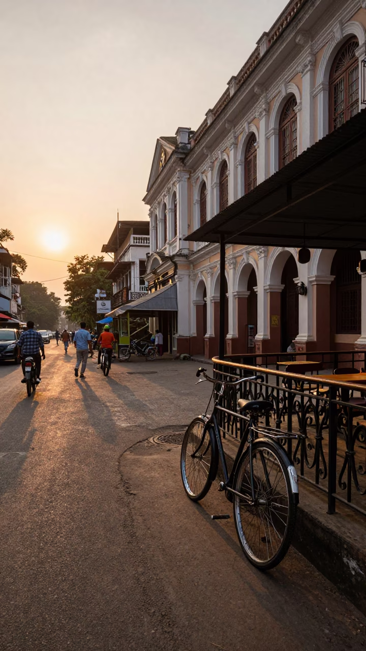 Kolkata Street Scene at Sunset with Bicycle and Orange Cat in in Kolkata, India
