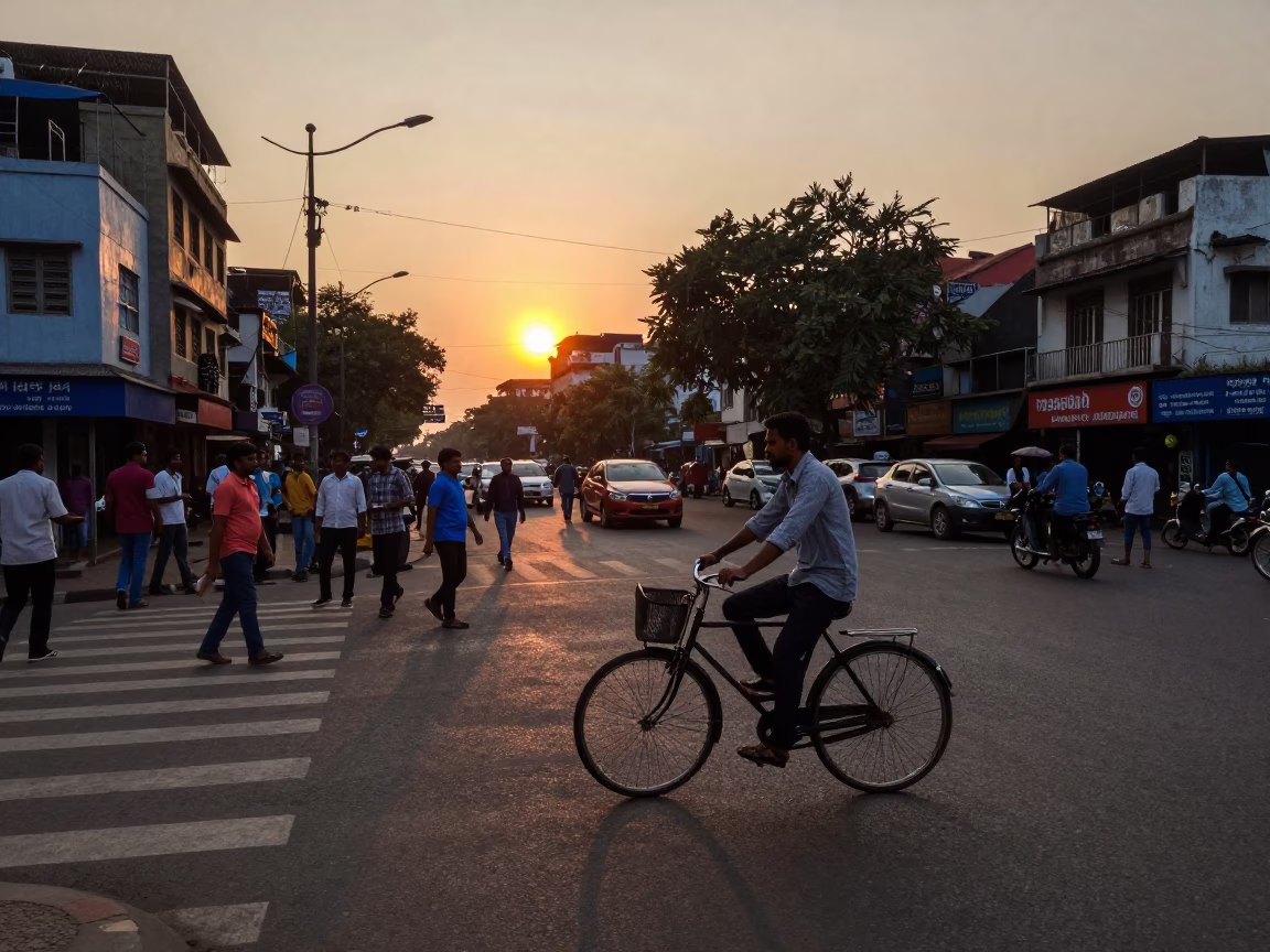 Kolkata Street Scene at Sunset with Bicycle and Urban Life in in Kolkata, India