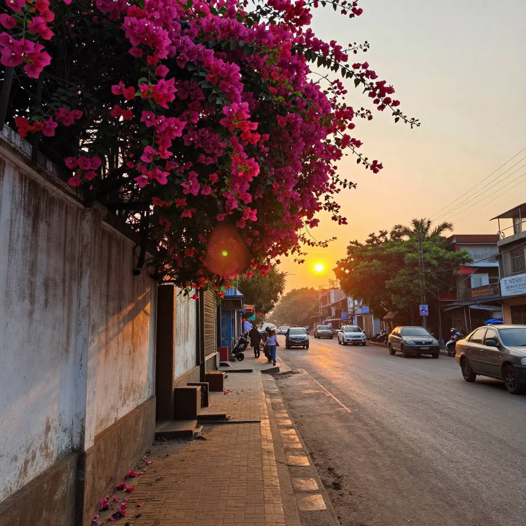 Kolkata Street Scene at Sunset with Bougainvillea and Woven Basket in in Kolkata, India