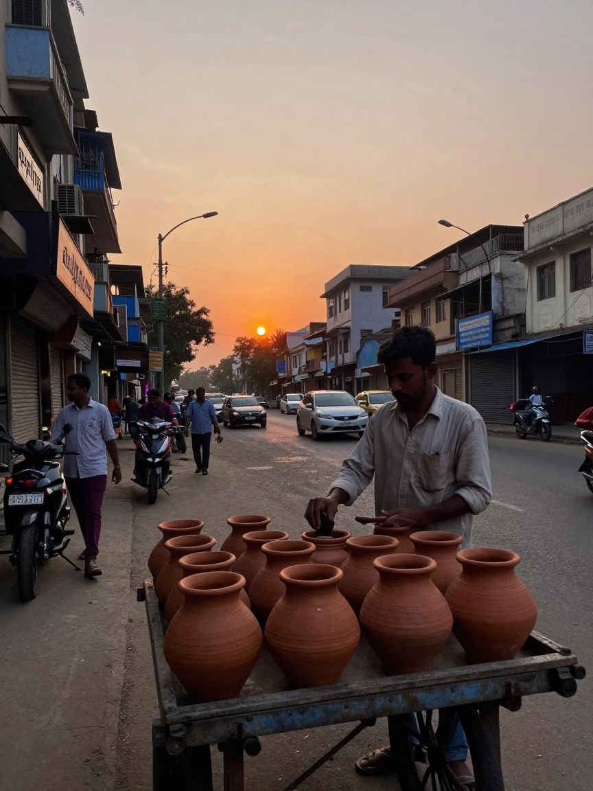 Kolkata street scene at sunset with clay pots and local food vendors in in Kolkata, India