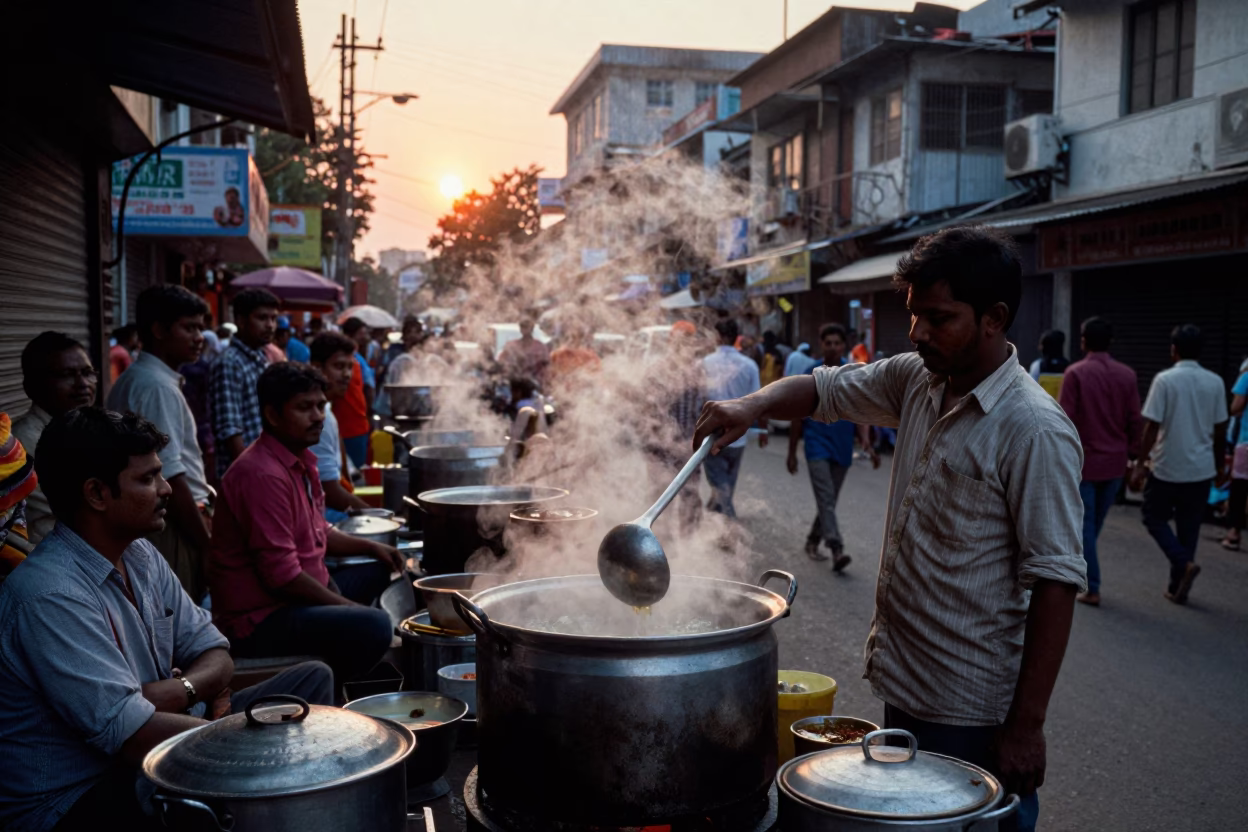Kolkata Street Scene at Sunset with Ladle and Soup Bowls in in Kolkata, India