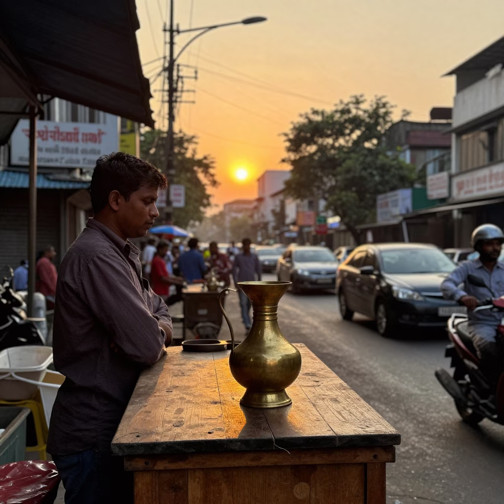 Kolkata street scene at sunset with local vendor and traditional drinking vessel in in Kolkata, India