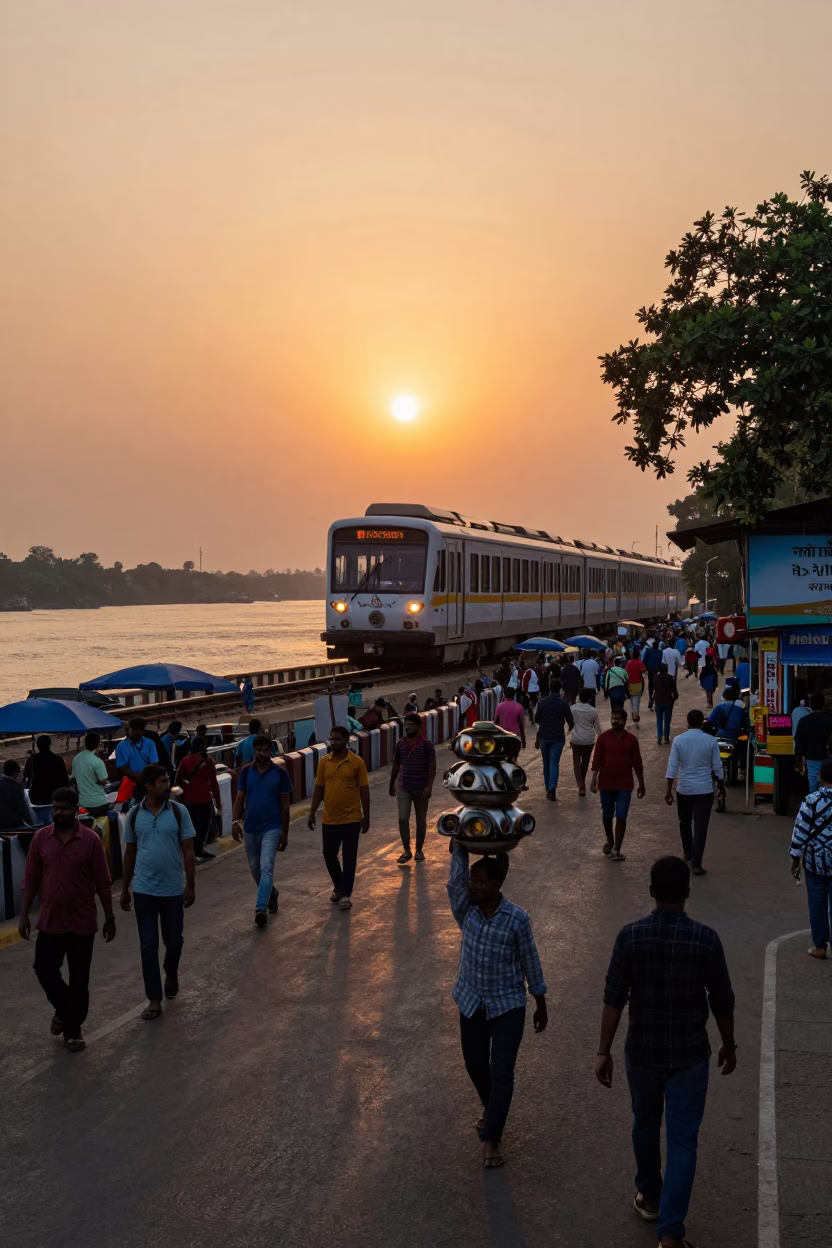 Kolkata Street Scene at Sunset with Monorail and Local Street Food Vendor in in Kolkata, India