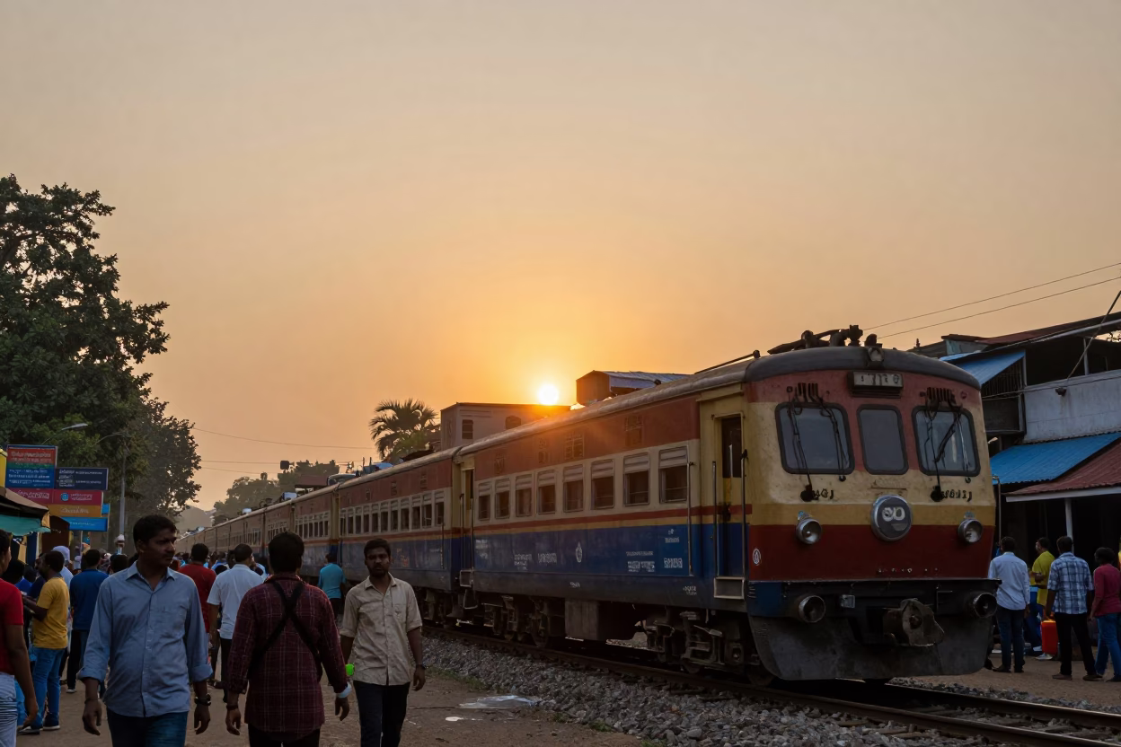 Kolkata street scene at sunset with narrow gauge train and bustling activity in in Kolkata, India