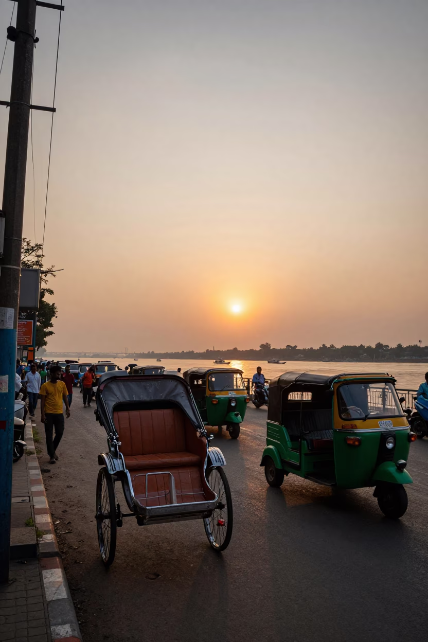 Kolkata Street Scene at Sunset with Rickshaw and Terracotta Pot in in Kolkata, India