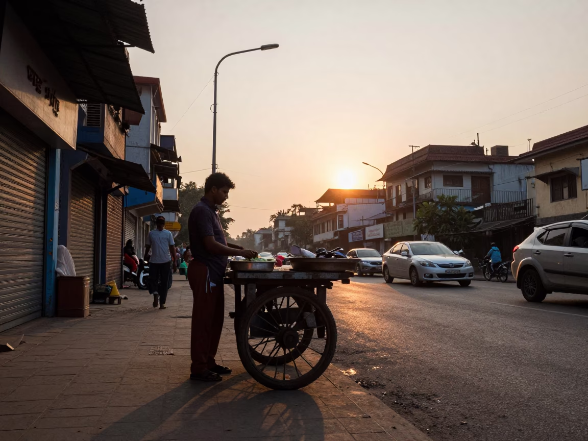Kolkata Street Scene at Sunset with Vendor Tray and Fruit Knife in in Kolkata, India