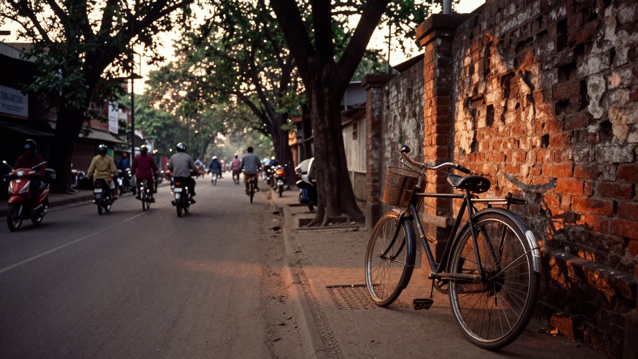 Kolkata street scene at sunset with vintage bicycle and urban details in in Kolkata, India