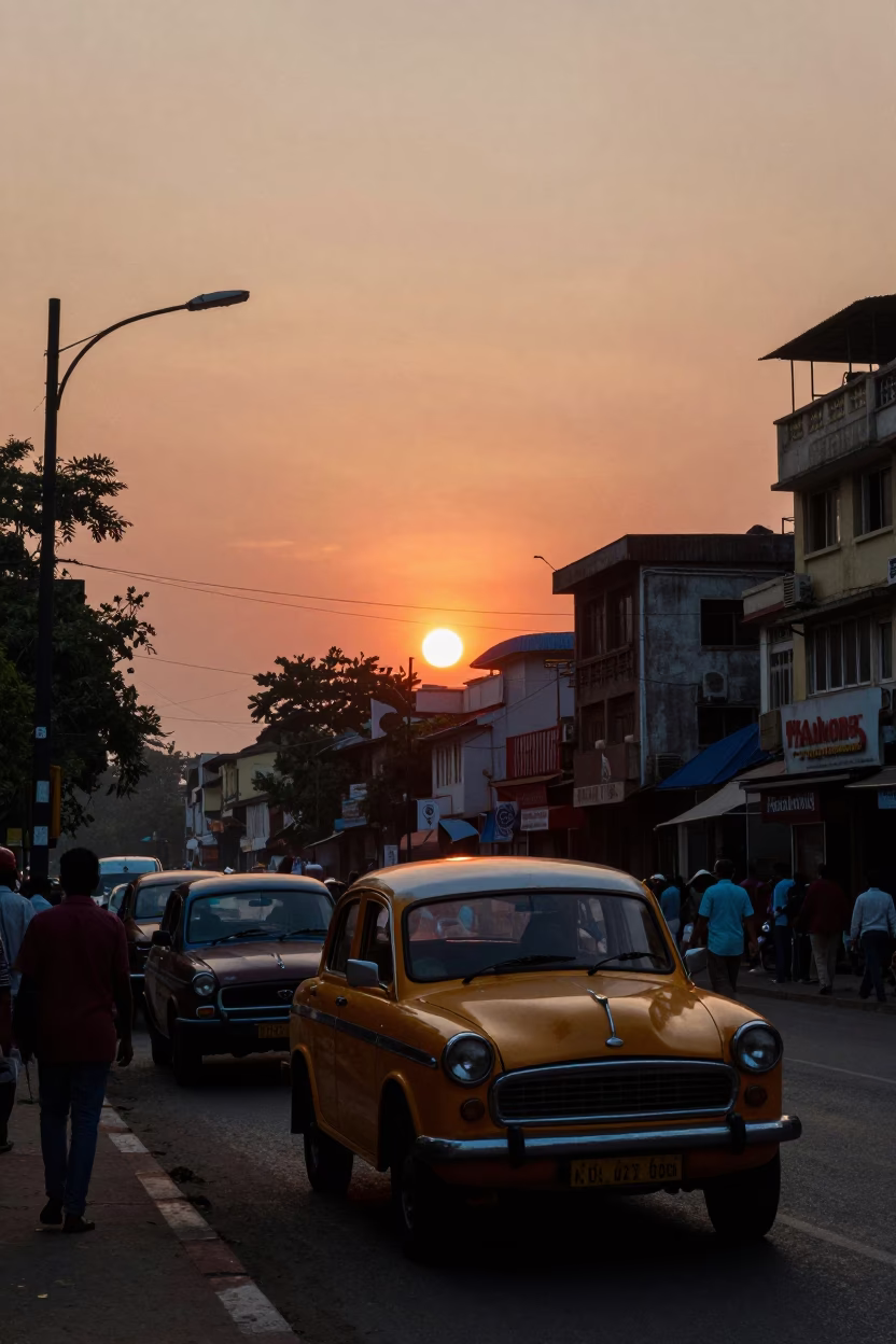 Kolkata Street Scene at Sunset with Vintage Car and Local Activity in in Kolkata, India