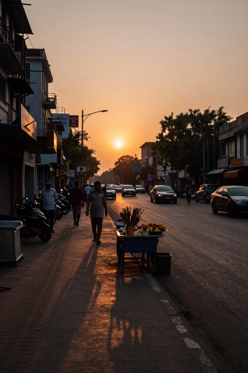 Kolkata Street Scene at Sunset with Wicker Shadow and Dried Flowers in in Kolkata, India