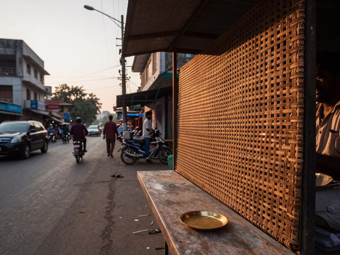 Kolkata Street Scene at Sunset with Woven Cane and Orange Peel in in Kolkata, India