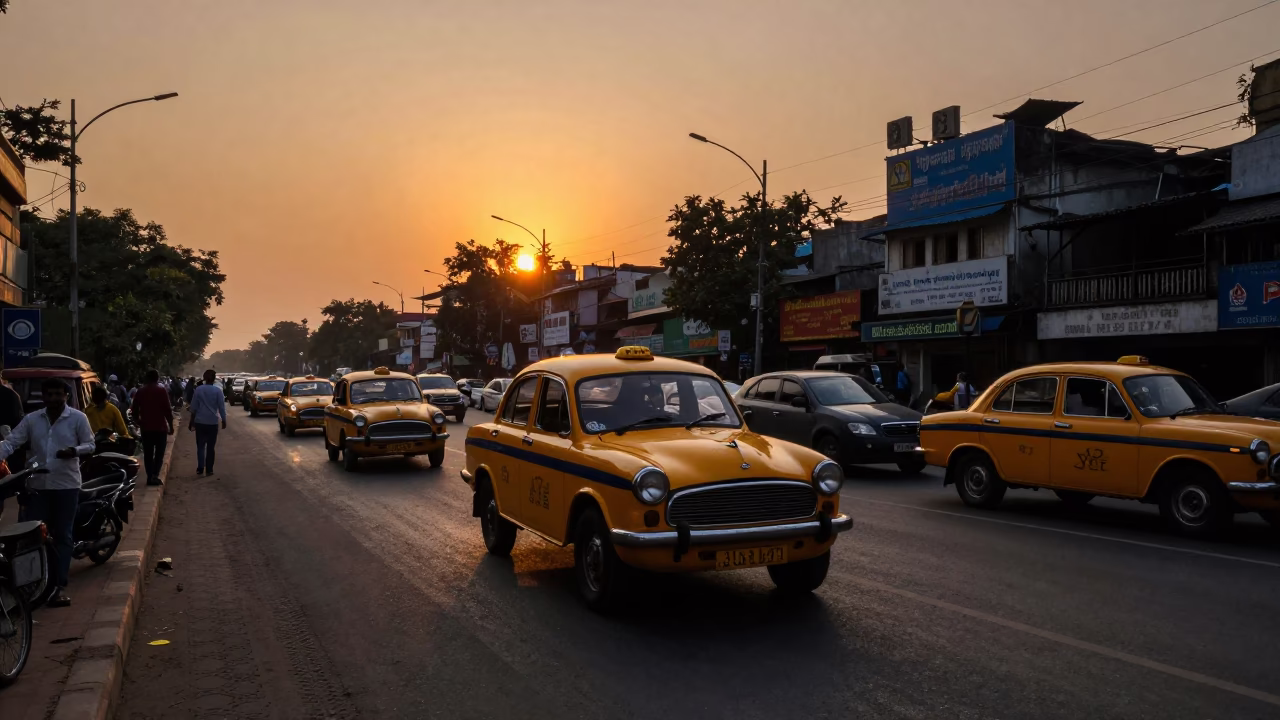 Kolkata street scene at sunset with yellow taxi and colonial architecture in in Kolkata, India
