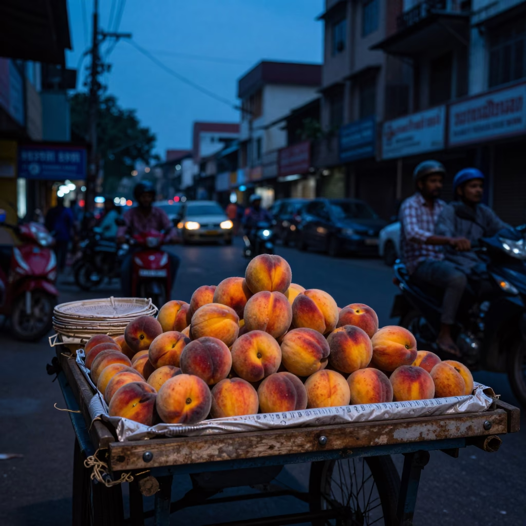 Kolkata Street Scene at Twilight with Vendor Selling Peaches and Ceramic Bowls in in Kolkata, India