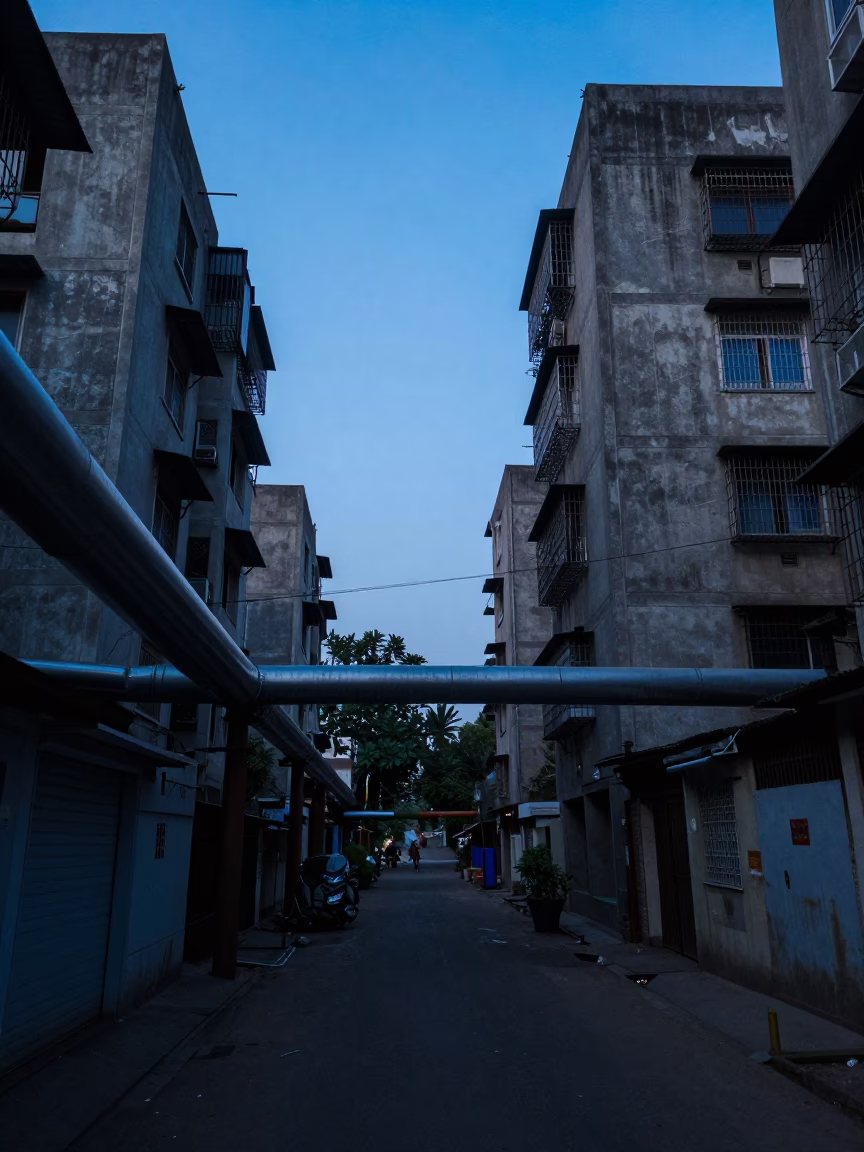 Kolkata Street Scene Before Dawn with District Heating Pipes and Concrete Apartments in in Kolkata, India
