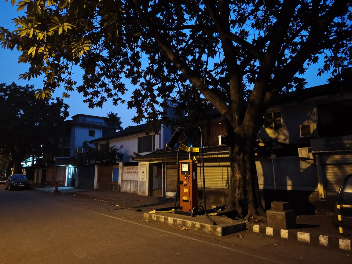 Kolkata Street Scene Before Dawn with Rubber Fig Tree and Pumping Station in in Kolkata, India