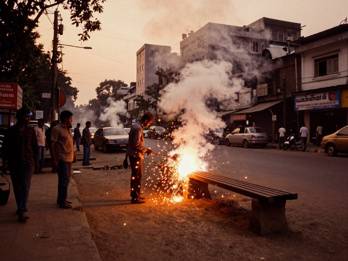 Kolkata Street Scene Before Dusk with Steam and Welding Sparks in in Kolkata, India
