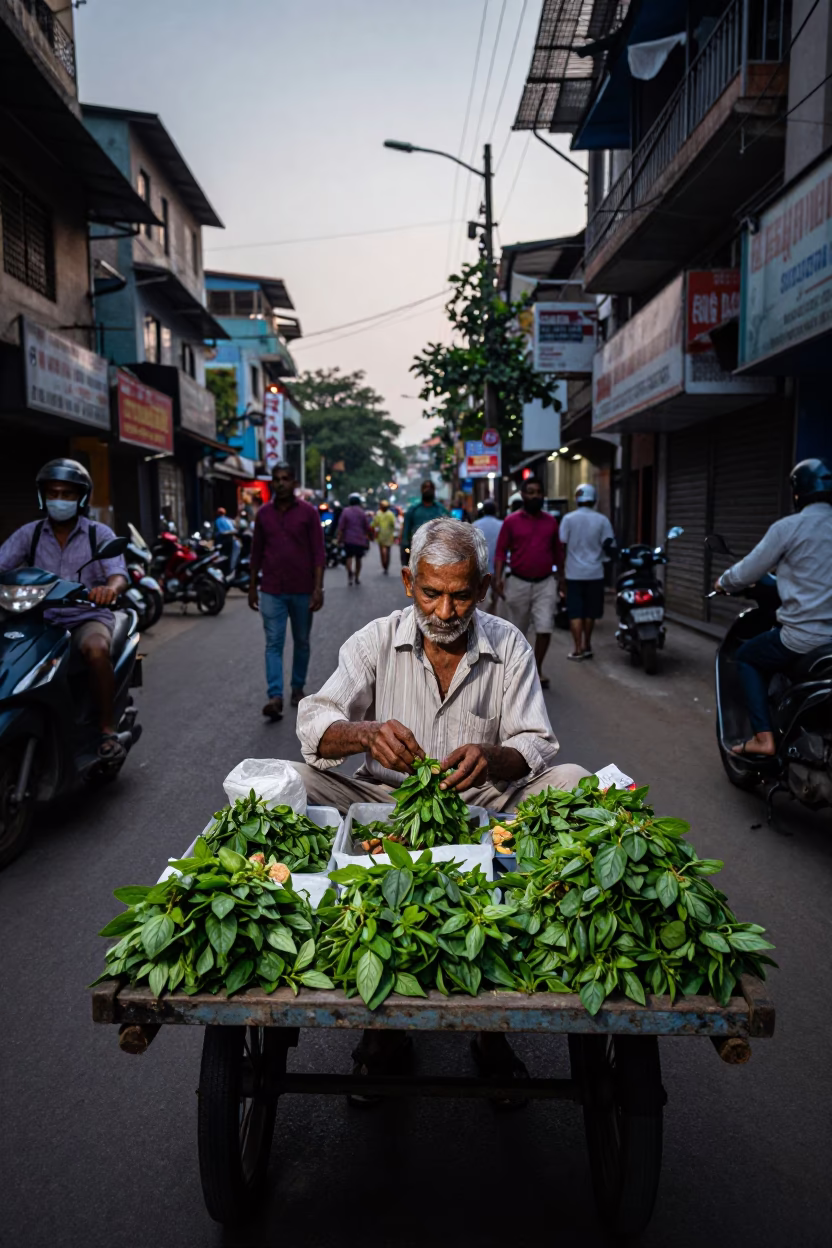 Kolkata Street Scene Early Evening with Basil Leaves and Local Market Activity in in Kolkata, India