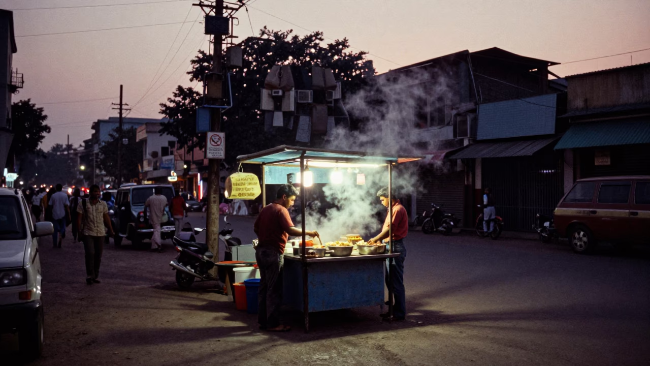 Kolkata Street Scene Early Evening with Chai Stall and Kite Reel in in Kolkata, India