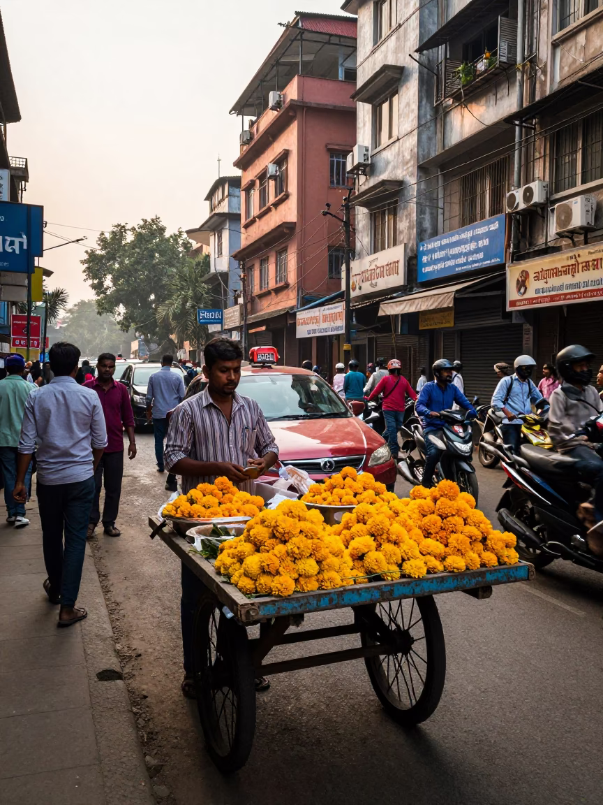 Kolkata Street Scene First Light Colorful Busy Moment with Local Vendors in in Kolkata, India