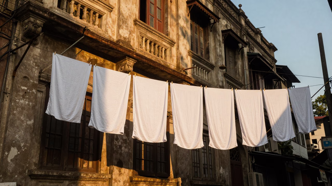 Kolkata Street Scene Golden Hour Drying Linen and Local Commerce in in Kolkata, India