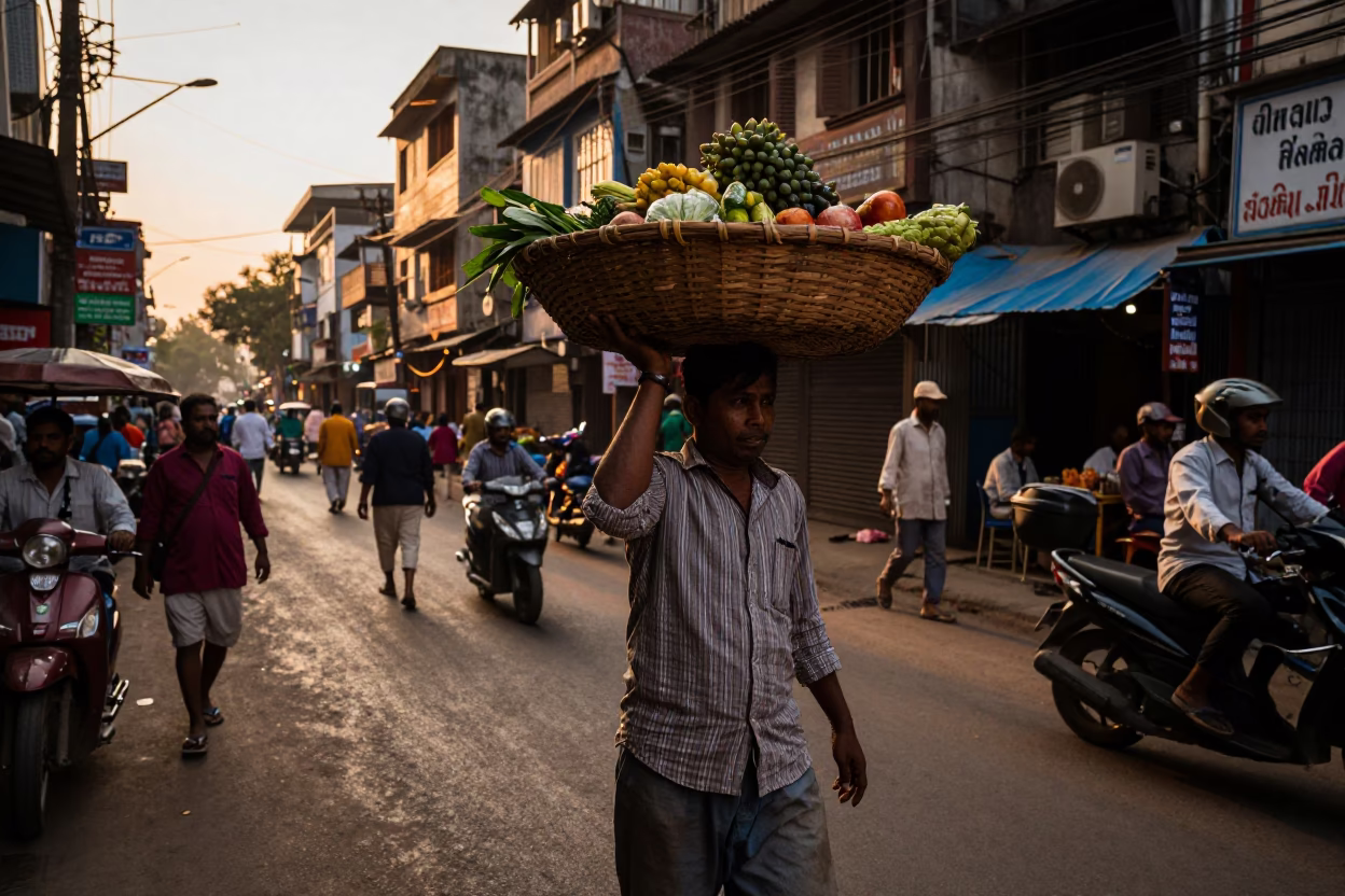 Kolkata Street Scene Honeyed Evening Light with Basket and Cooler Jug in in Kolkata, India