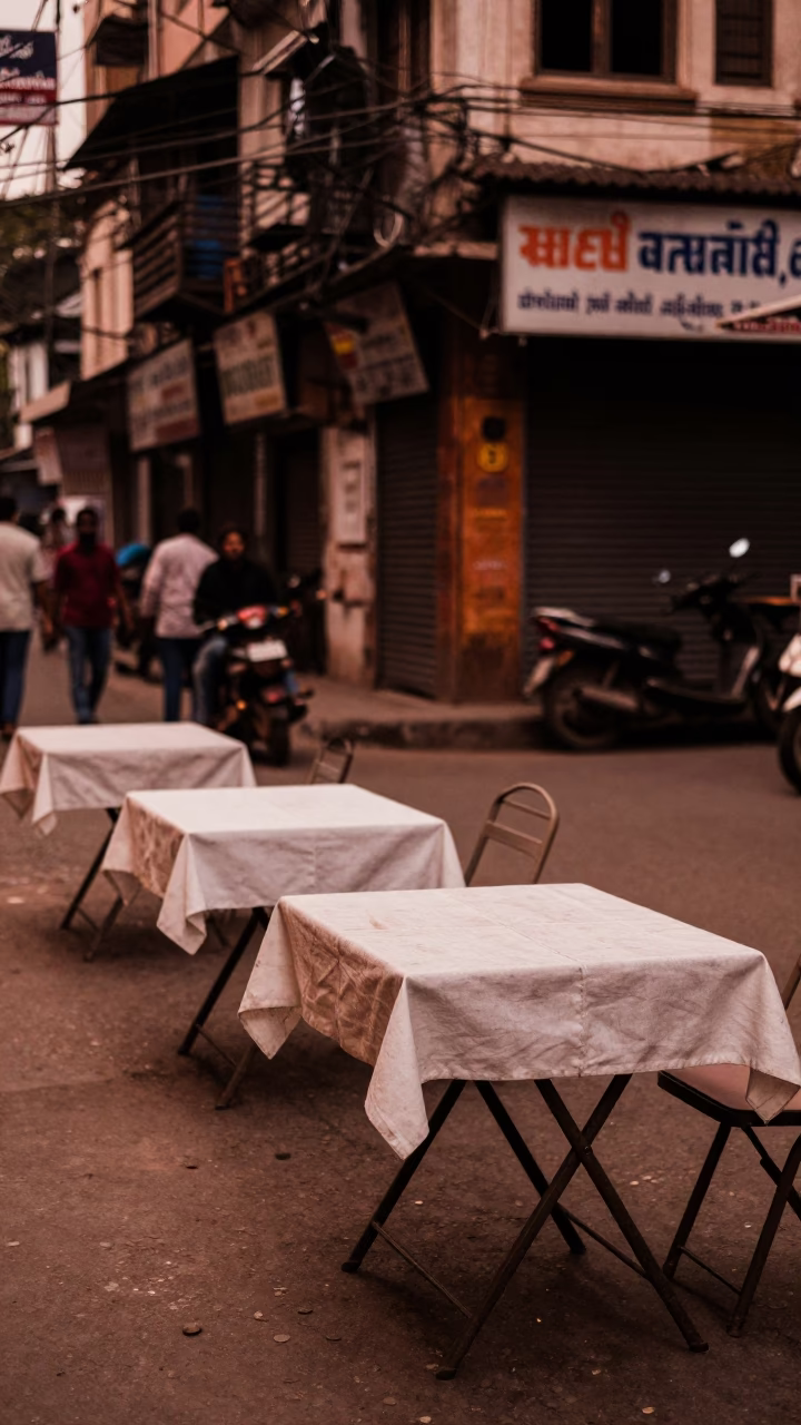 Kolkata Street Scene in Copper-Toned Dusk Light with Folding Tables and Linen Runners in in Kolkata, India