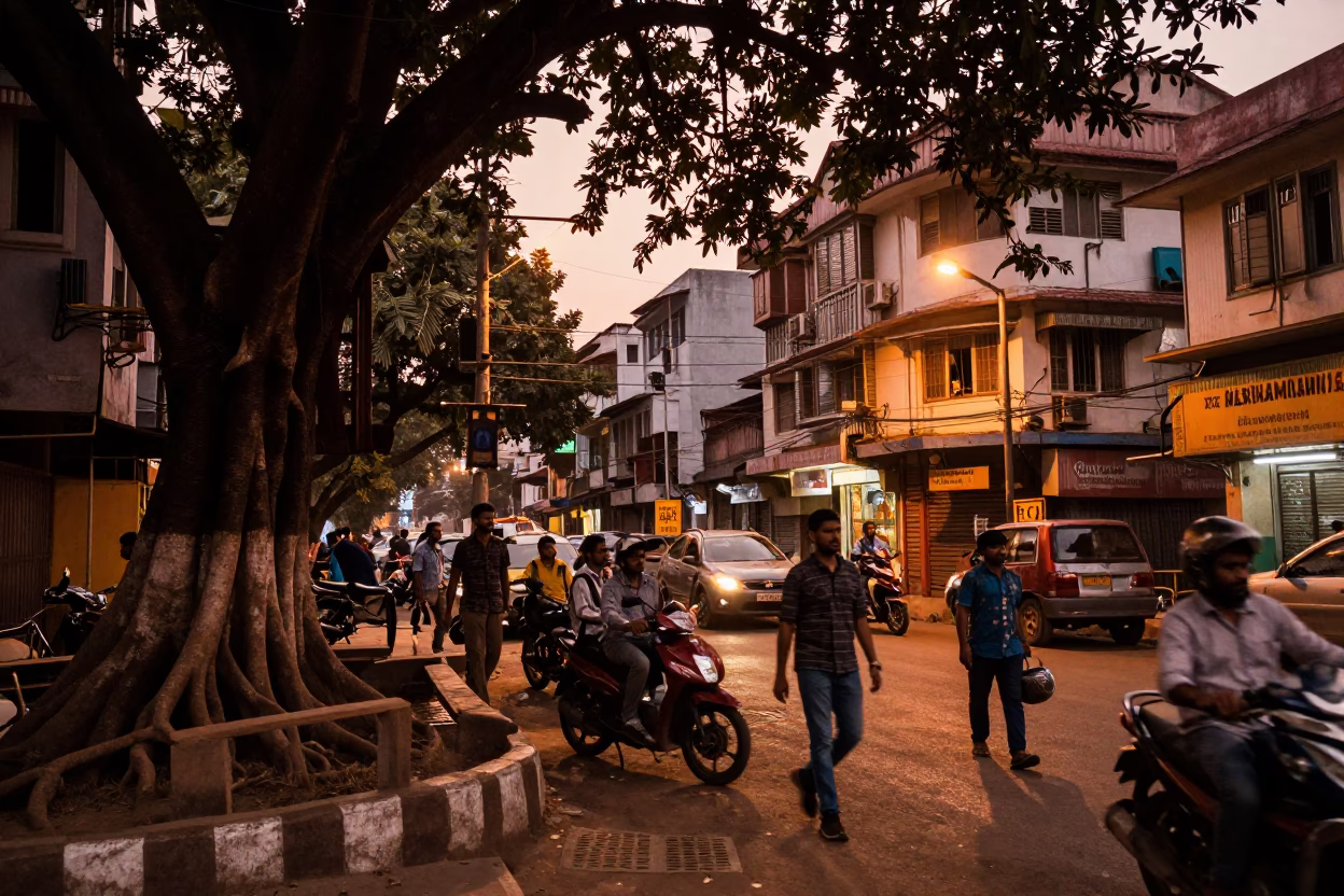 Kolkata Street Scene in Copper Toned Dusk Light with Kapok Tree and Local Life in in Kolkata, India