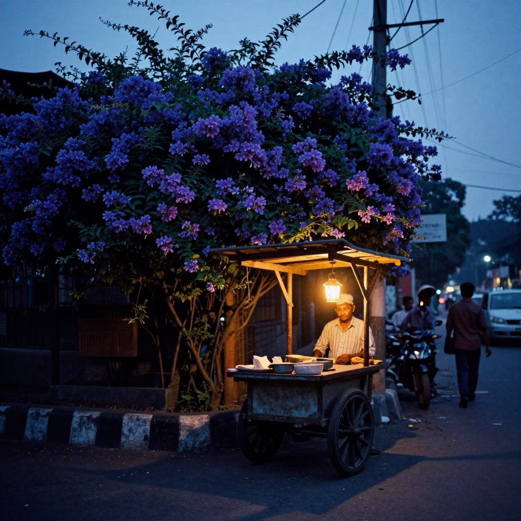 Kolkata Street Scene in Indigo Twilight with Plumbago Hedge and Lantern Light in in Kolkata, India