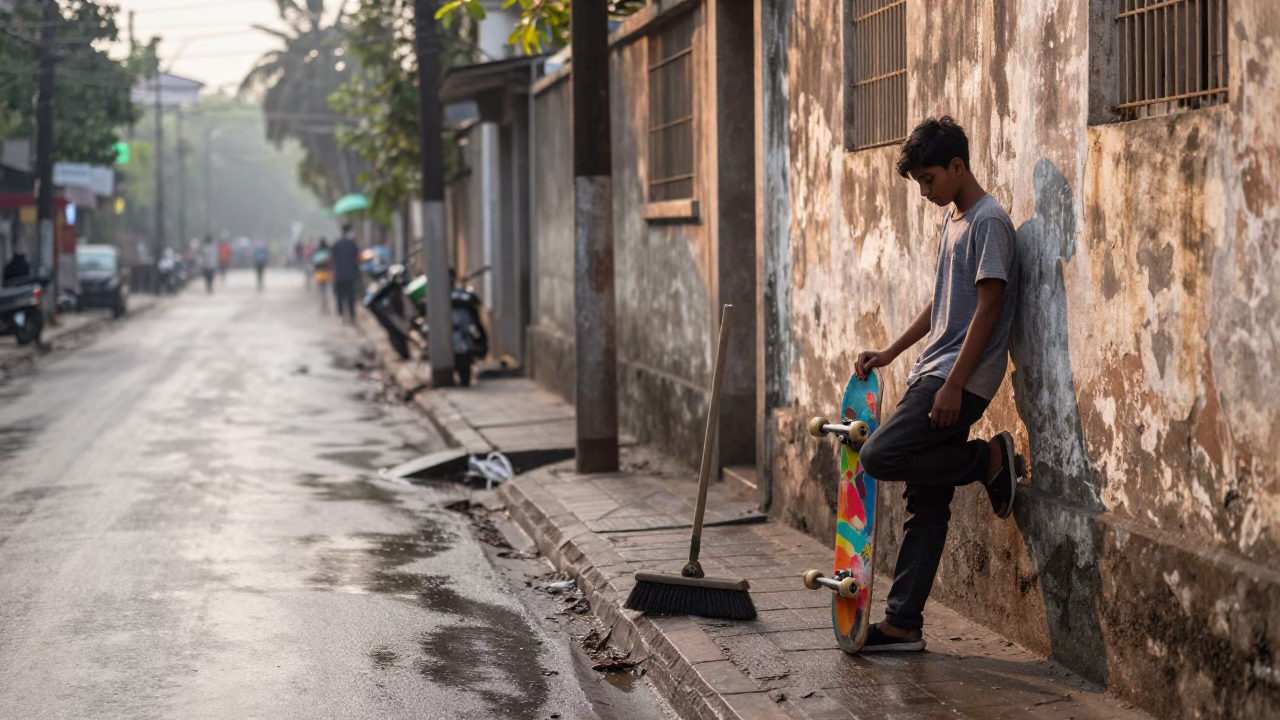 Kolkata Street Scene Just After Sunrise With Broom and Skateboard in in Kolkata, India
