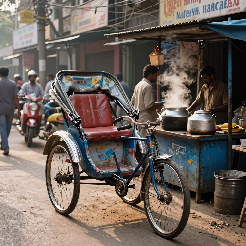 Kolkata street scene late afternoon with rickshaw and local commerce in in Kolkata, India