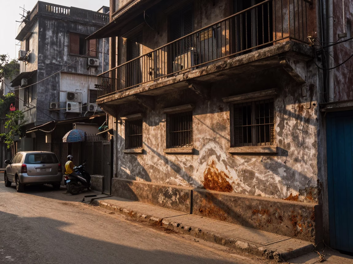 Kolkata Street Scene Late Afternoon with Rusty Grout and Dusty Rail Details in in Kolkata, India