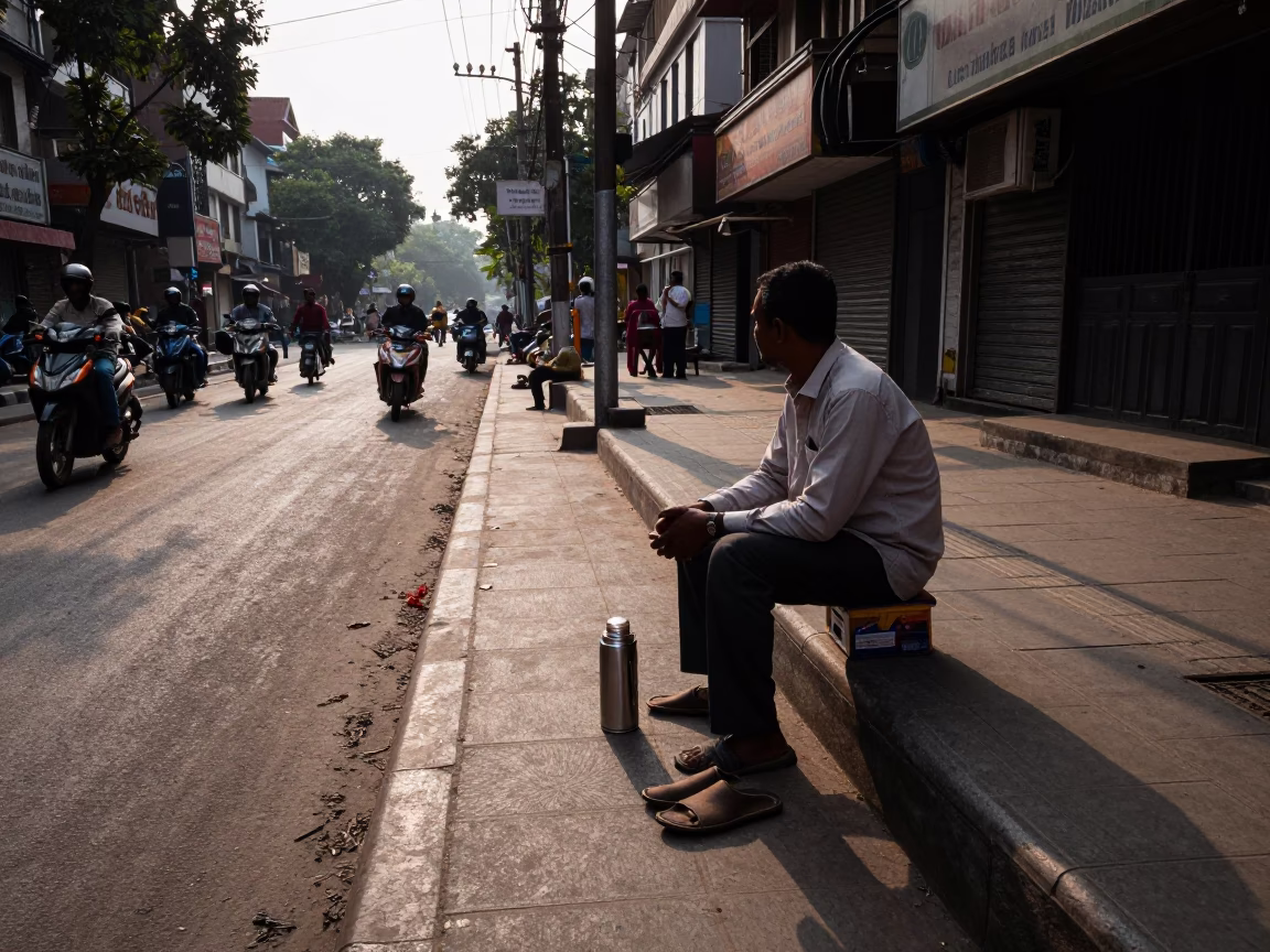 Kolkata Street Scene Late Afternoon with Thermos and Slippers Near Victoria Memorial in in Kolkata, India