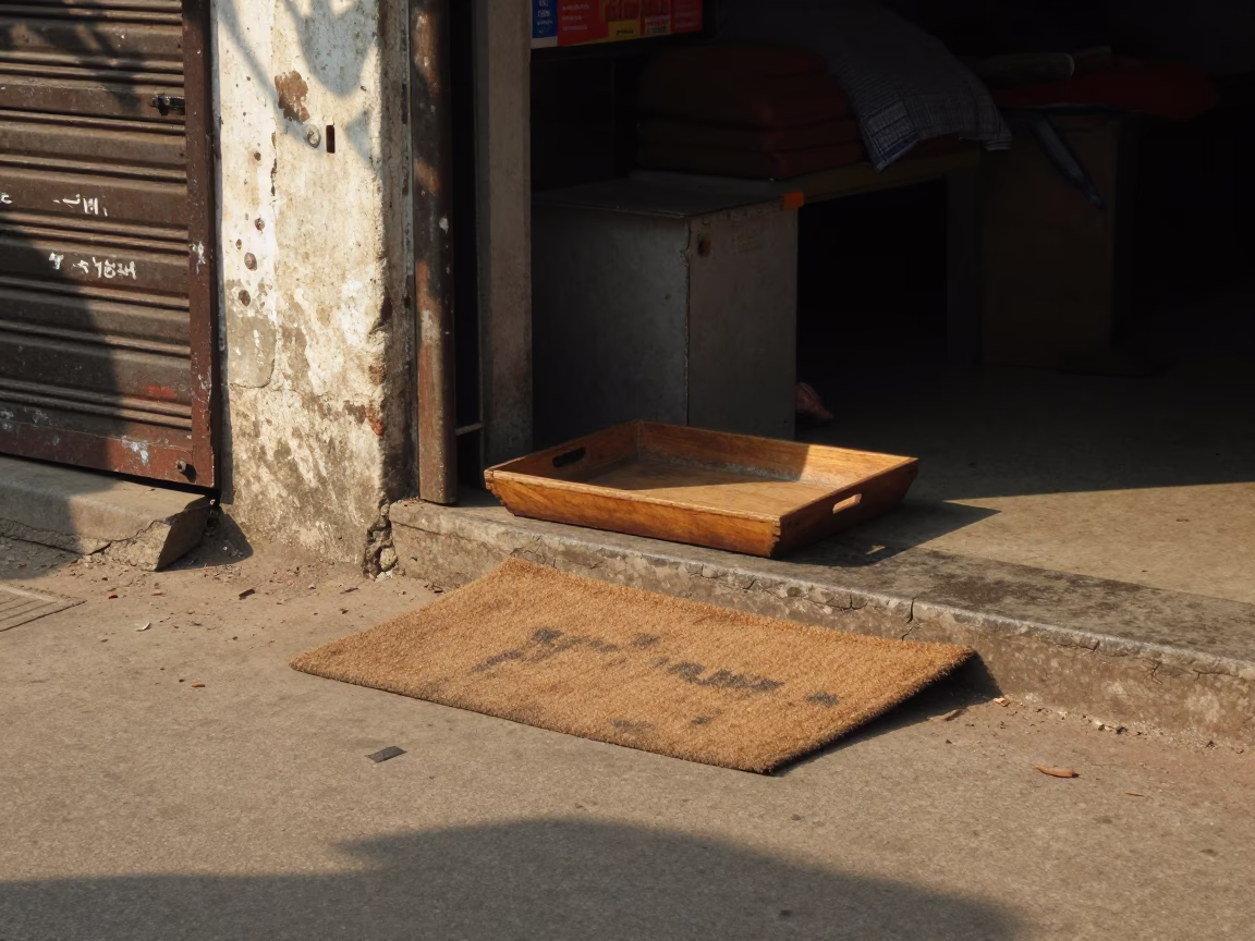 Kolkata street scene late morning with wooden tray and doormat outside traditional shop in in Kolkata, India
