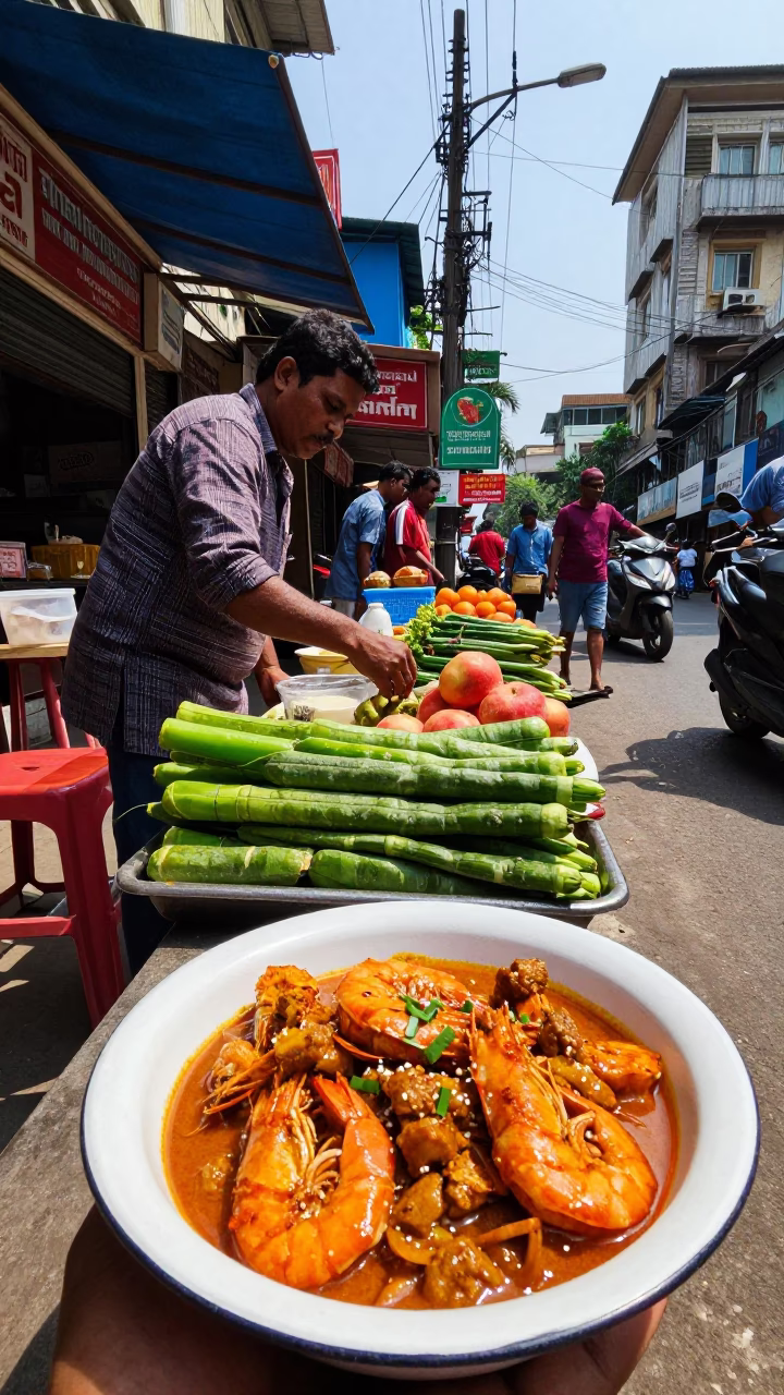 Kolkata Street Scene Midmorning with Local Food and Urban Details in in Kolkata, India