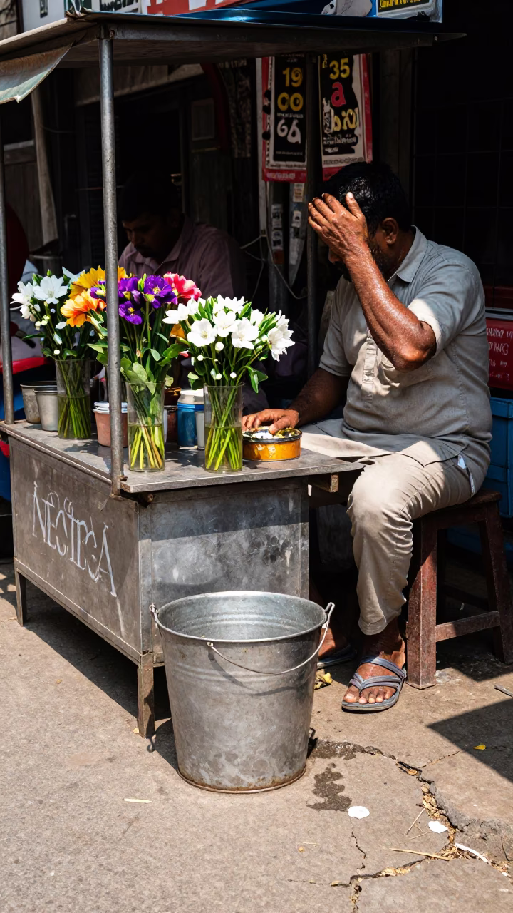 Kolkata Street Scene Under Flat Noon Glare With Metal Bucket And Zinnias in in Kolkata, India
