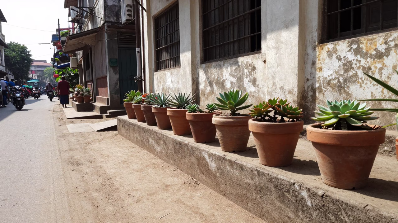 Kolkata Street Scene Under Noon Sun with Terracotta Pots and Garden Benches in in Kolkata, India