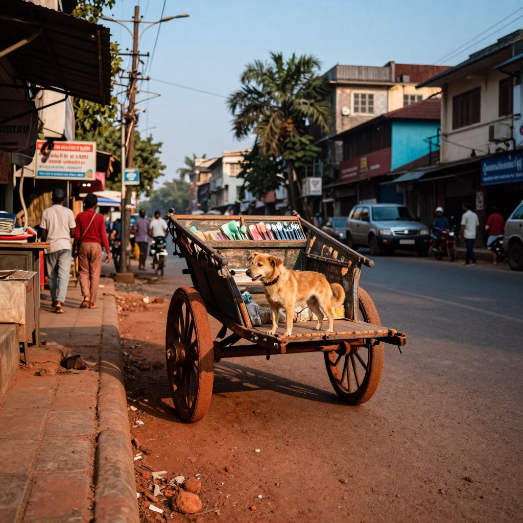 Kolkata Street Scene with Dog Cart and Cutlery in Late Afternoon Light in in Kolkata, India