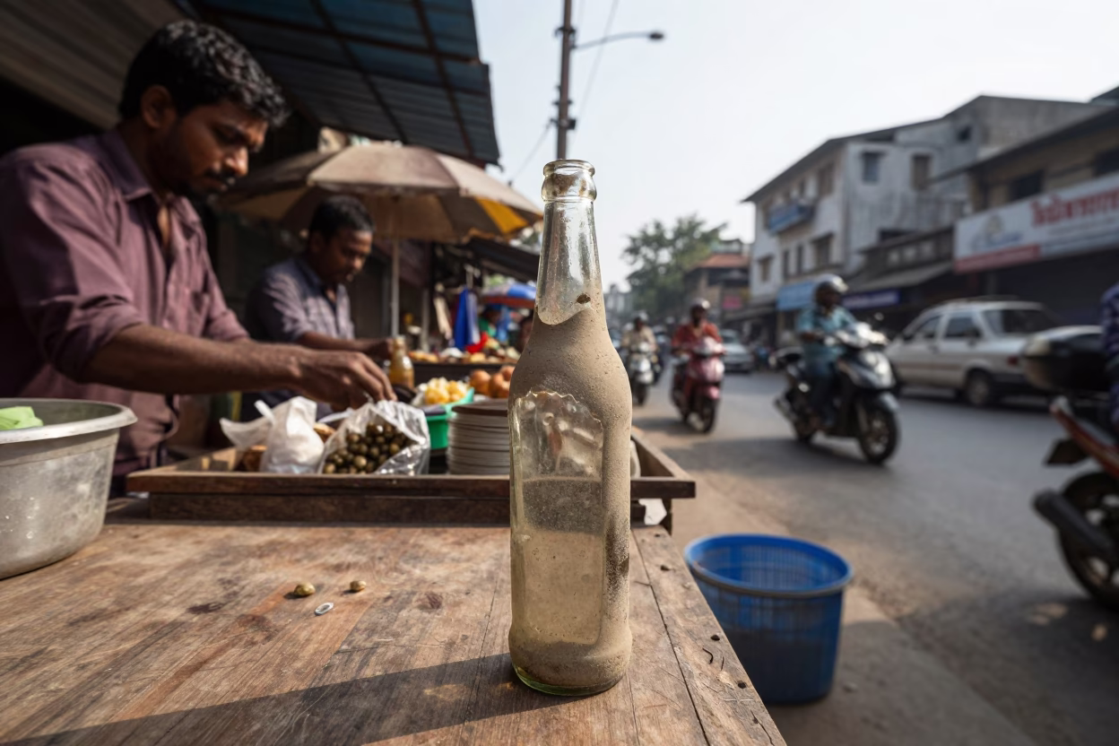 Kolkata Street Scene with Dusty Bottle Neck in Late Afternoon Light in in Kolkata, India