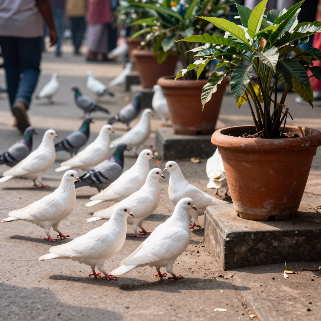 Kolkata Street Scene with Pigeons and Plant Pots in Late Morning Light in in Kolkata, India