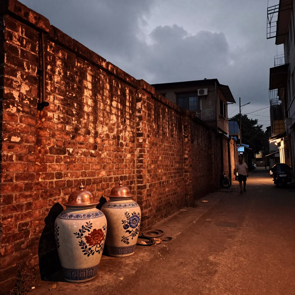 Kolkata street scene with porcelain jars and copper-toned light before dusk in in Kolkata, India
